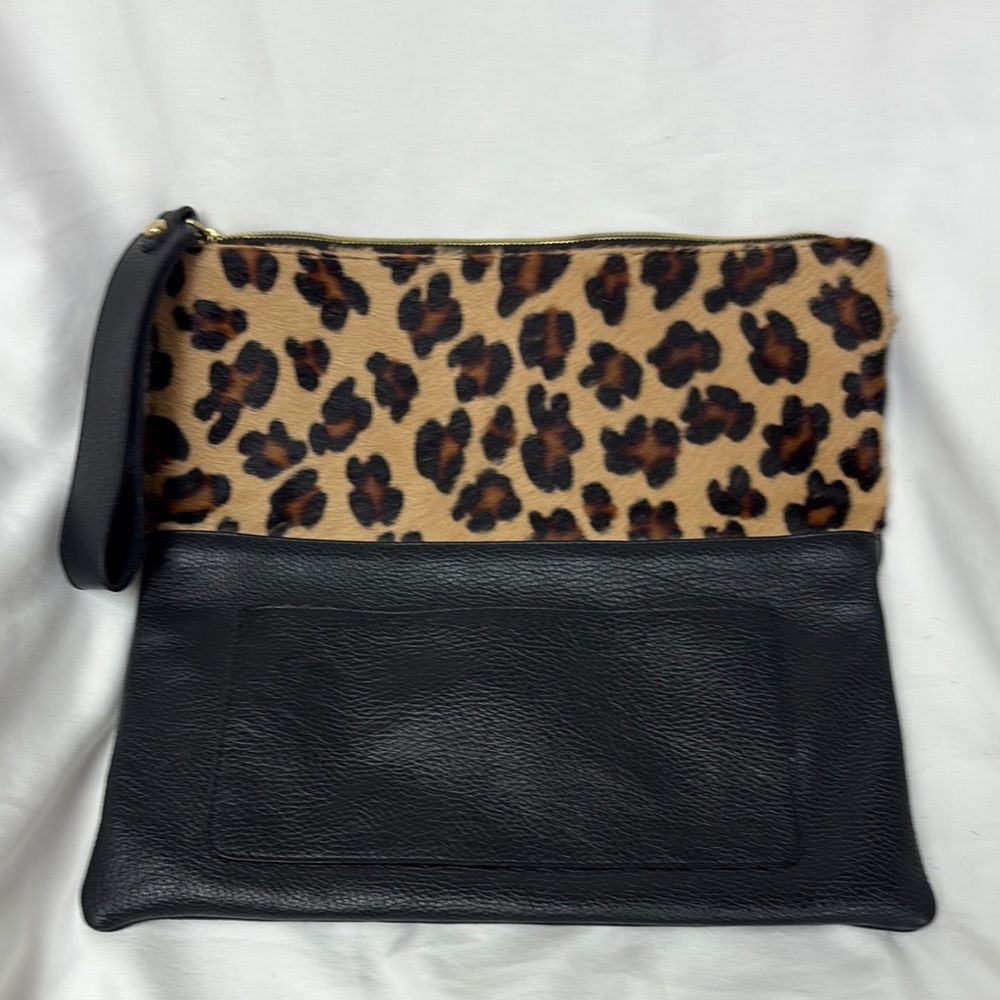 Leopard Print and Black Leather Clutch